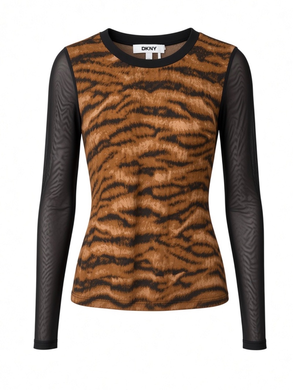 DKNY Tiger-Print Long Mesh Sheer Sleeve Top Size Large Brown Black Stretch